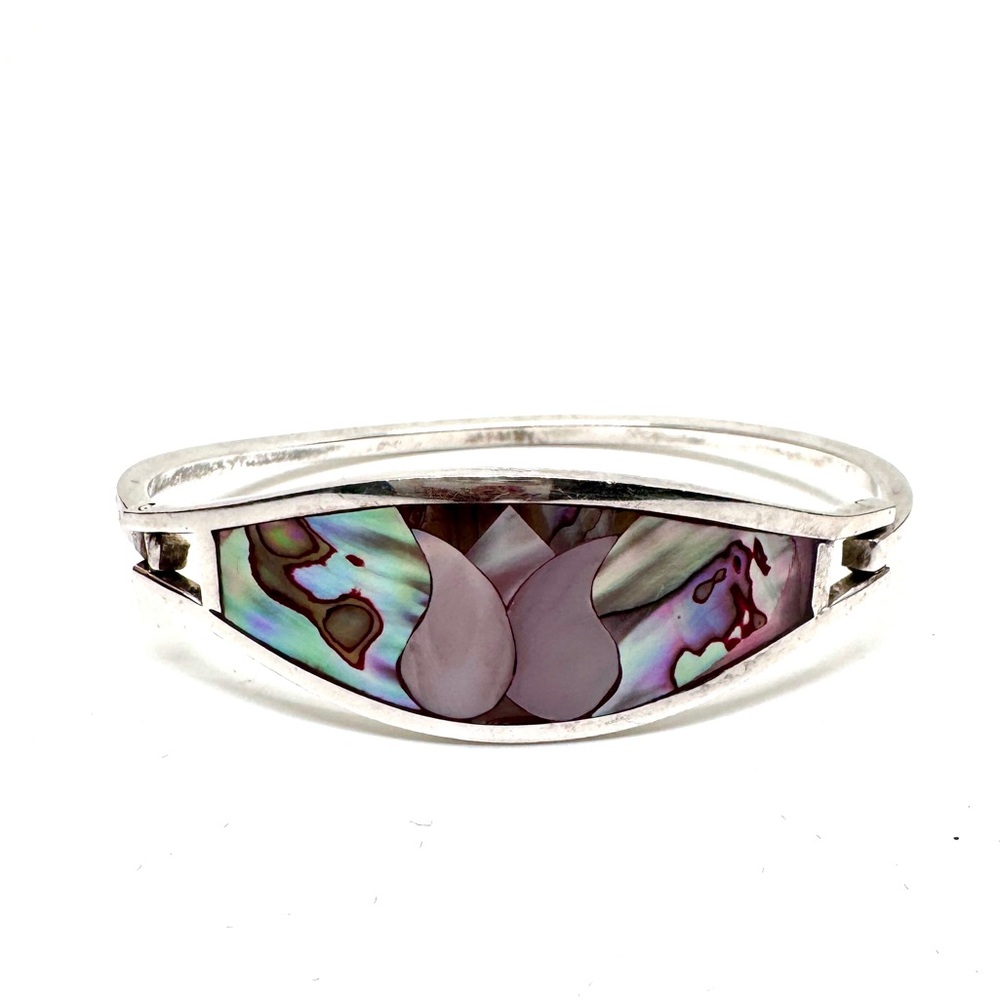Vintage Alpaca Silver Bangle Bracelet with Mother of Pearl and Abalone Inlay